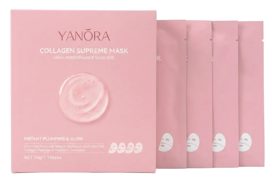 Boîte rose et 4 sachets individuels du Masque Hydrogel Collagène Yanora.
